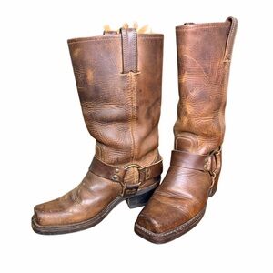 Frye Womens Distressed Brown Leather Harness Boots